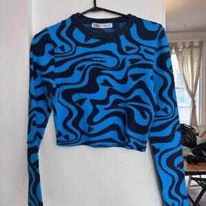 Zara Black and Blue Graphic Knit Top